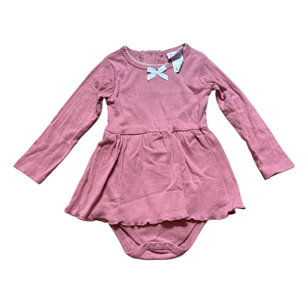 Little Lass Bodysuit Dress Baby Pink NEW Ribbed Pointelle Bow SIZE 6-9M